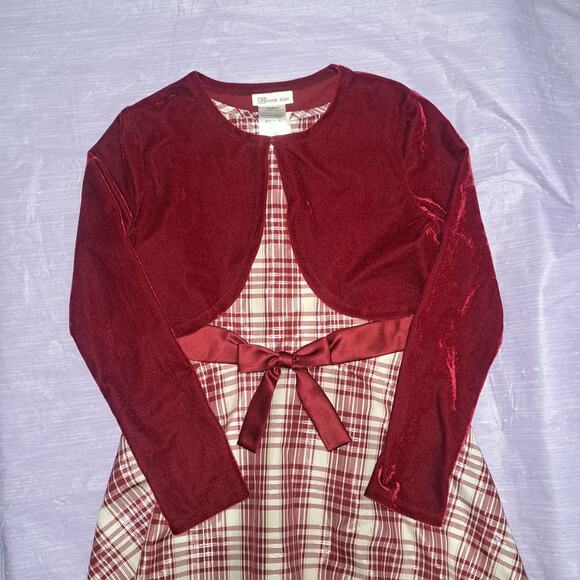 Bonnie Jean Red Ivory & Metallic Bow Front Plaid Dress with Cardigan Size 12 - Picture 5 of 14